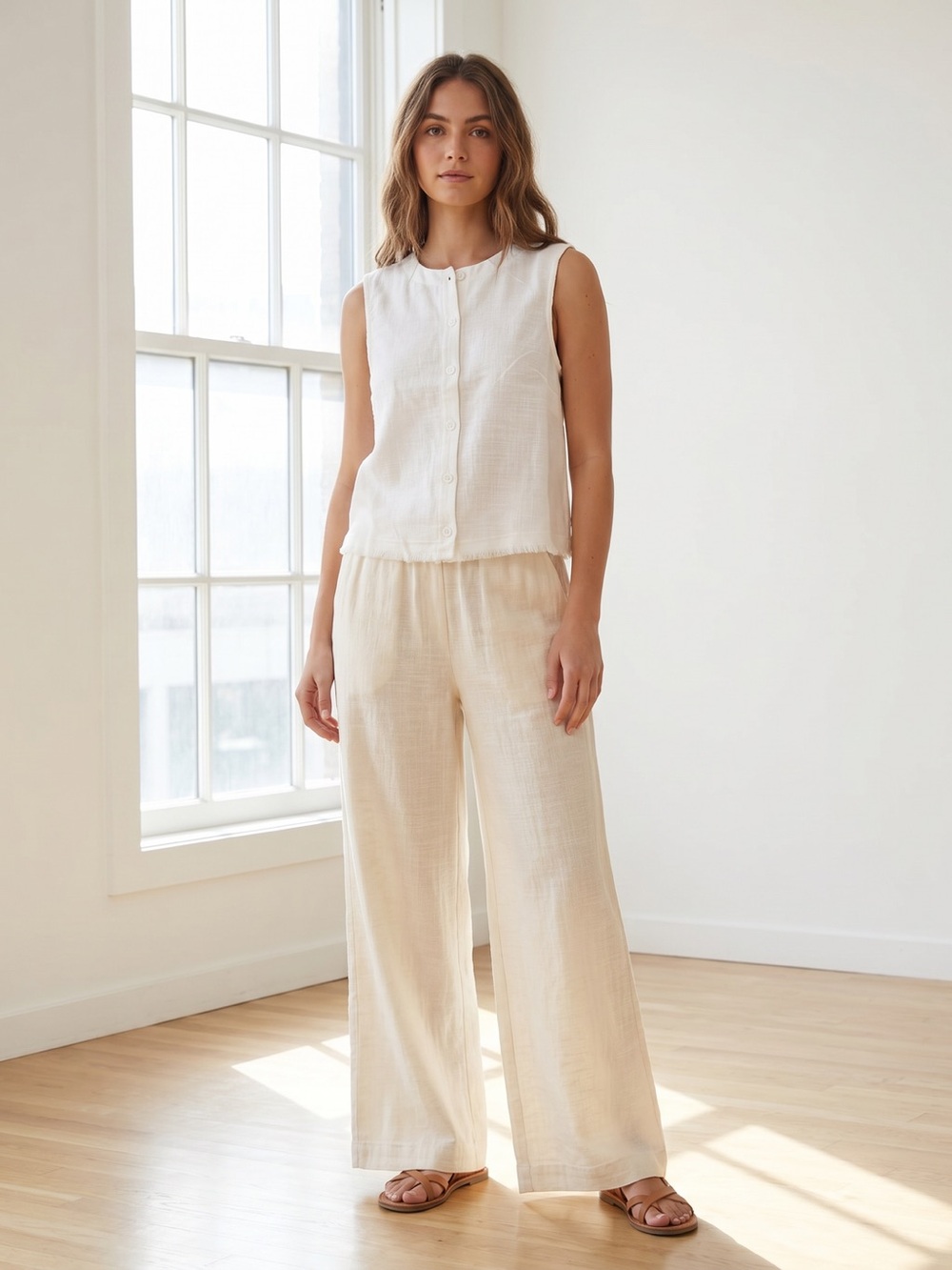 Women's Cream Wide-Leg Linen Blend Pants